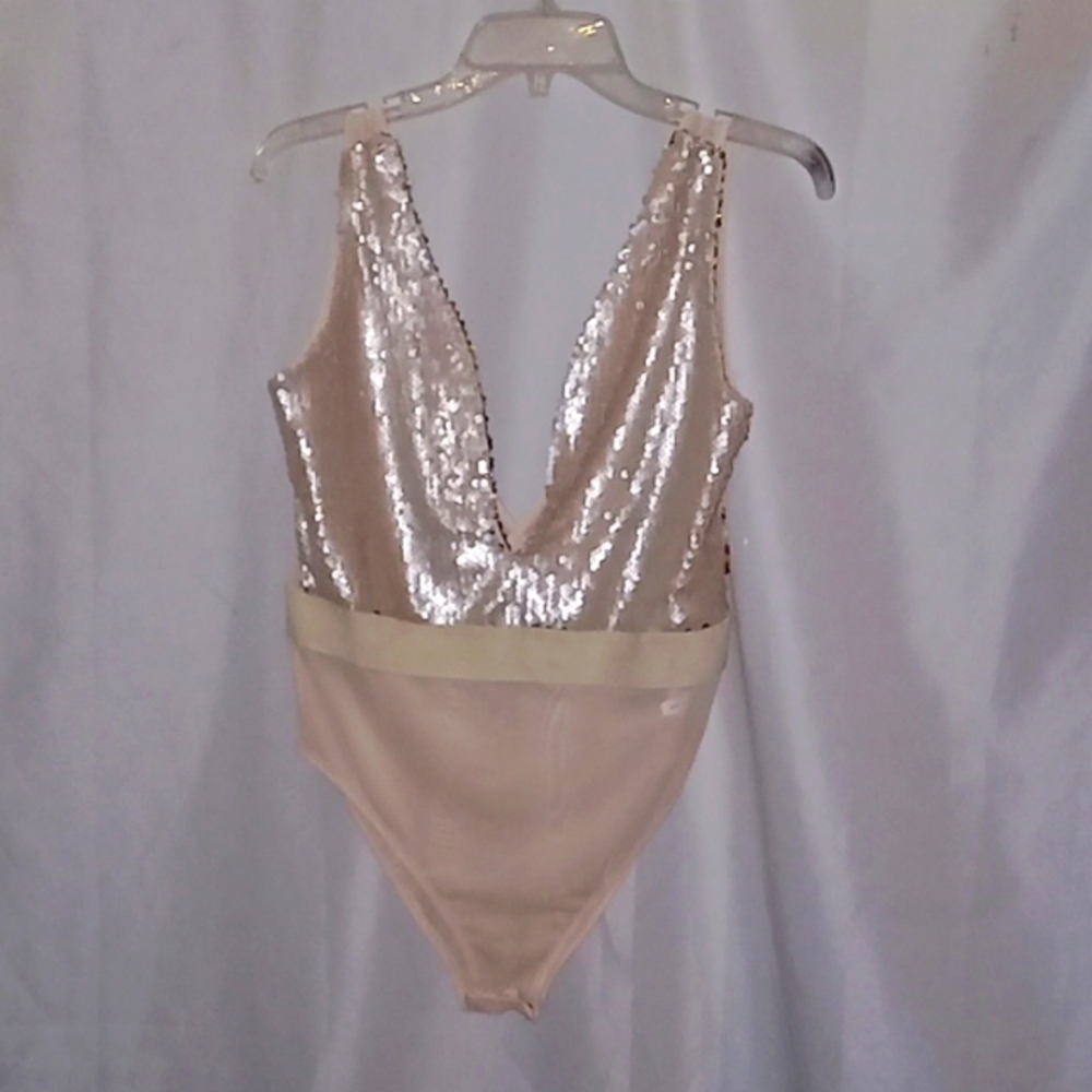 pink sequins and see through mesh body suit med.